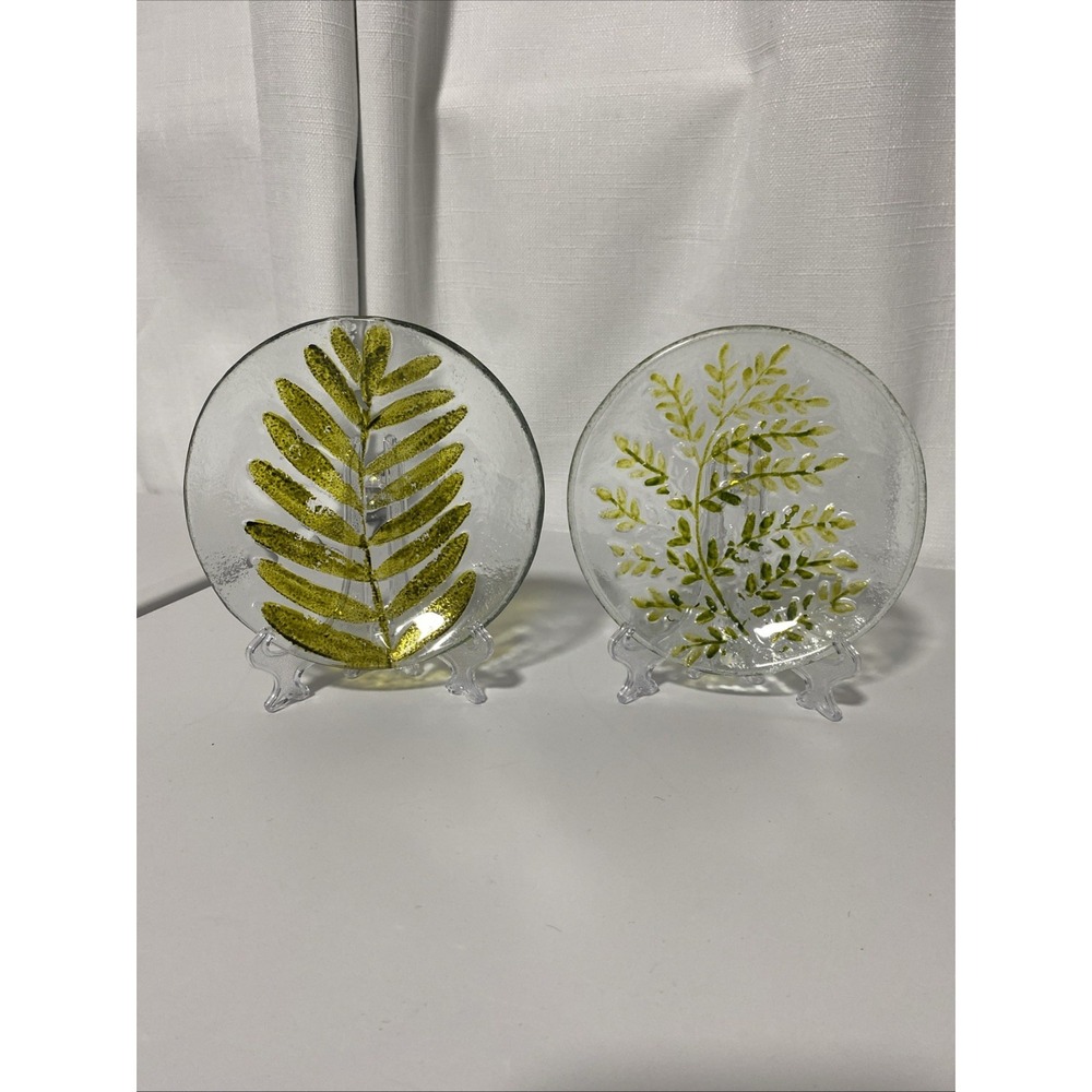 Set of 2 Glass Art Studio Fused Glass W/ Painted Plants 5” Trinket Dish